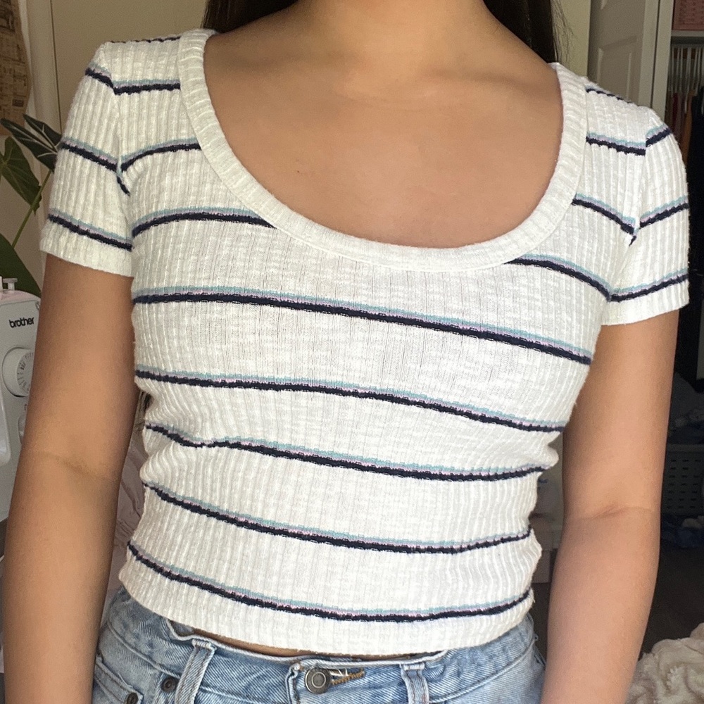 ribbed white shirt with cyan, lilac, and navy strips